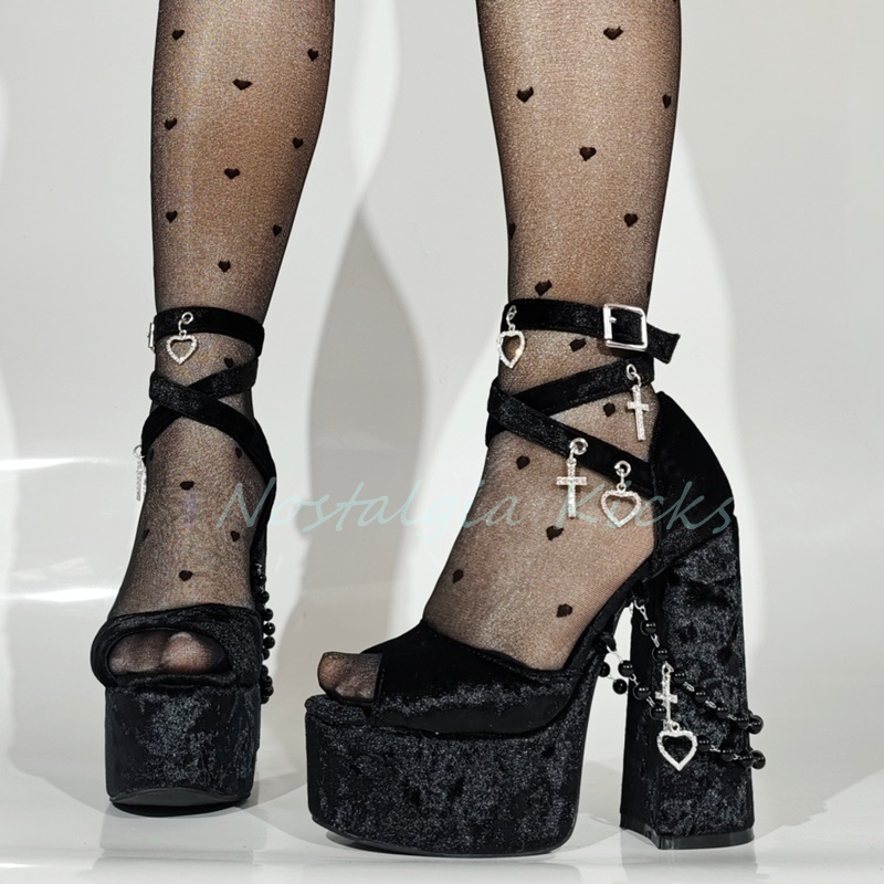 Gothic Black Velvet Platform H - đánh giá và giá Sandal Strappy Heeled