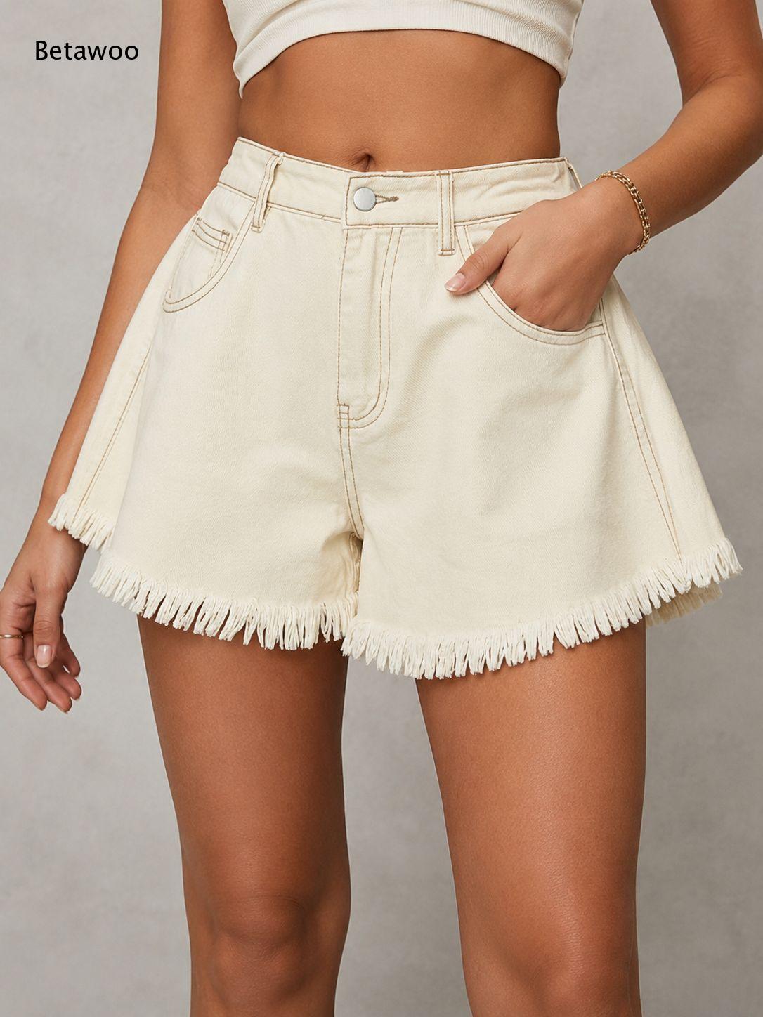 Women Solid White Denim Shorts - đánh giá và giá Shorts Denim Frayed