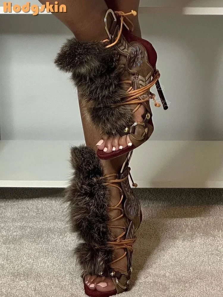 Patchwork Suede Faux Fur Decor - đánh giá và giá Sandal Strappy Heeled