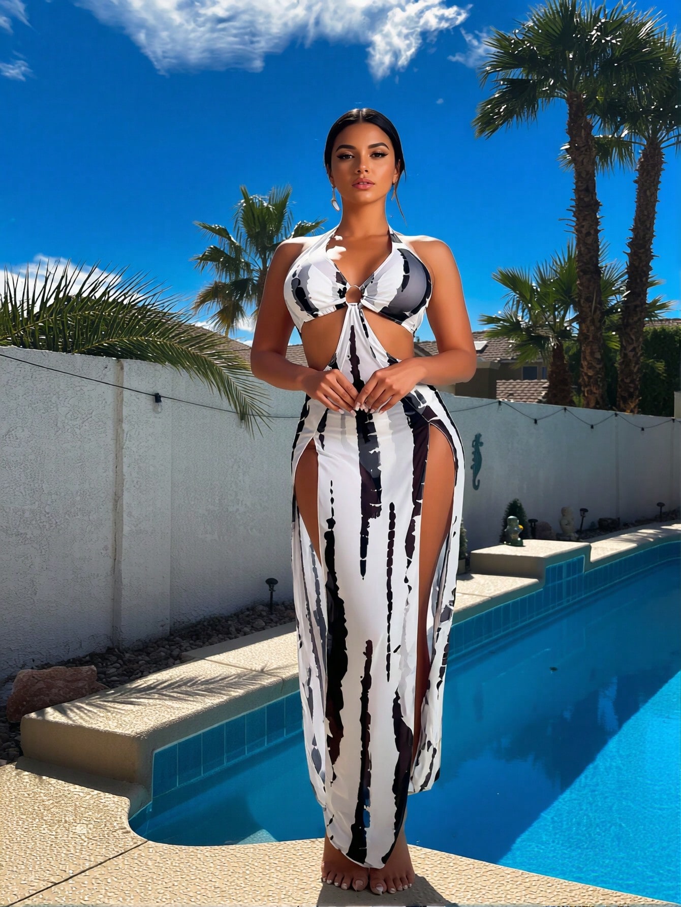 New Black White Tie Dye 3 Piec - đánh giá và giá Maxi Dress Halter